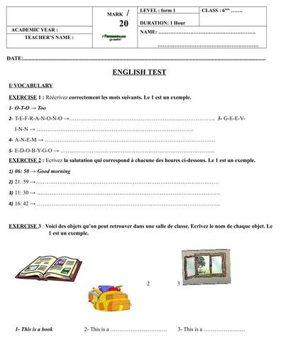 DEVOIR DE NIVEAU D'ANGLAIS N° 1 6ème Unité 1 by TEHUA