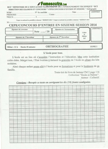 Sujet d'Orthographe CEPE 2014 zone 1