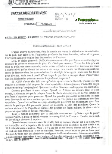 Sujet de Français BAC blanc 2012 séries A-C-D - Collège St Viateur d'Abidjan