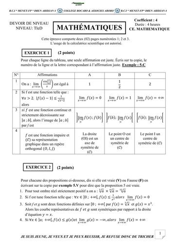 DEVOIR DE MATHS NIVEAU Tle D BOCABO ET ASSOCIES 2026 BY TEHUA