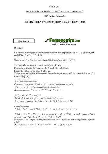 Corrigé 1ère épreuve de maths ISE option économie 2011 (ENSEA - ISSEA)