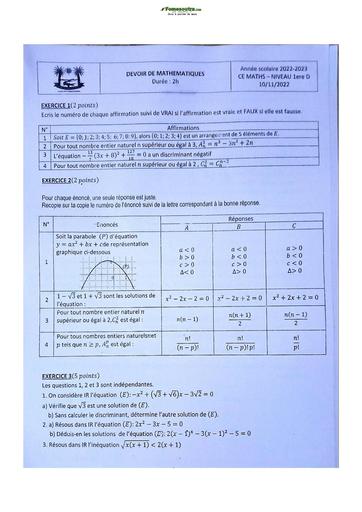 Sujet de Mathématique Première D Lycée Classique Abidjan 2023