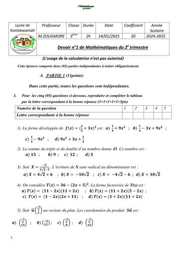 DEVOIR DE MATHS NIVEAU 3ième LYCEE DE KONLOBWAMDE 2025 N°1 BY TEHUA
