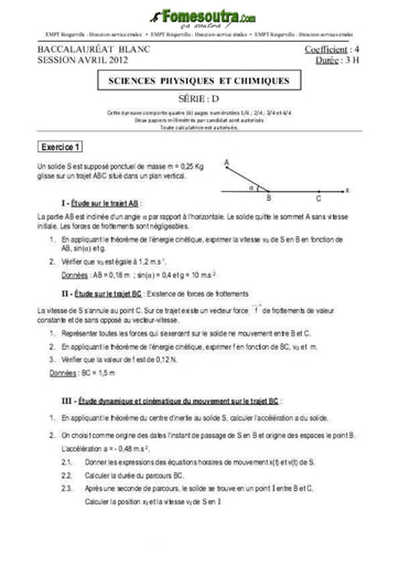 Sujet de Physique-Chimie BAC blanc 2012 série D EMPT Bingerville