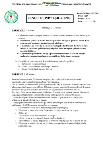 Devoir de Physique-Chimie Première D Collège La Fine Fleur Banco 2021-2022
