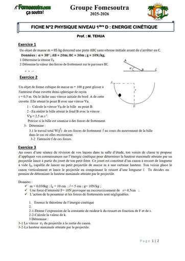 FICHE N°2 PHYSIQUE NIVEAU 1ière D  ENERGIE CINÉTIQUE by Tehua