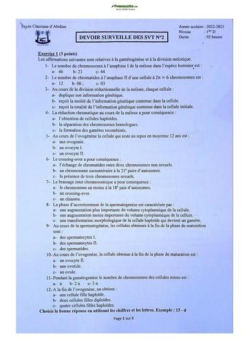 Sujet de SVT niveau Première D Lycée Classique Abidjan 22-23