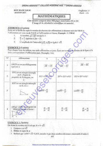 SUJET BEPC BLANC 2025 MATHEMATIQUES DRENA ABOISSO BY TEHUA