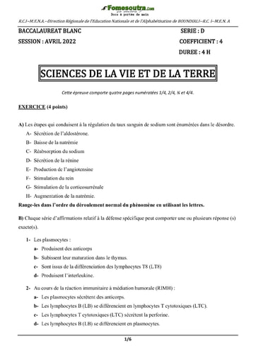 Tous les sujets du BAC blanc série D Direction Régionale Boundiali - Session Avril 2022