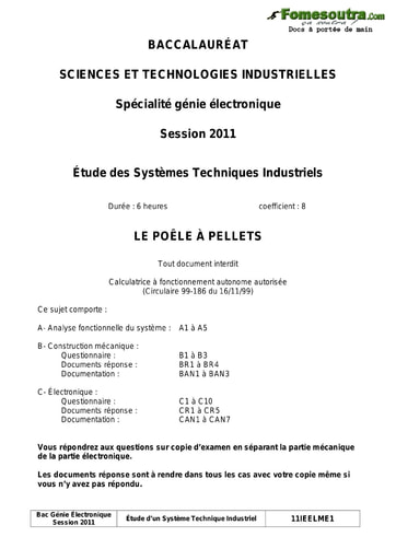 Sujet corrigé Le Poêle à Pellets - Étude des Systèmes Techniques Industriels - BAC 2011