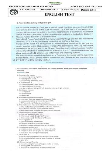 Sujet d'Anglais niveau Seconde A Sainte Foi Abidjan 2022-2023