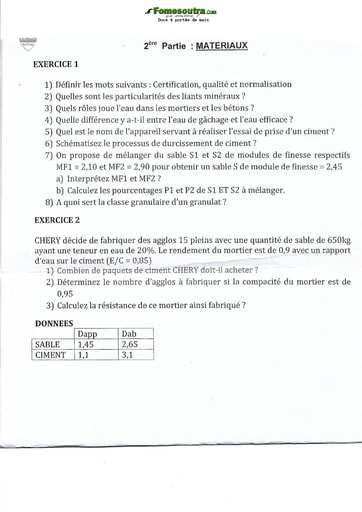 Sujet Materiaux BTS Génie Civil option bâtiment