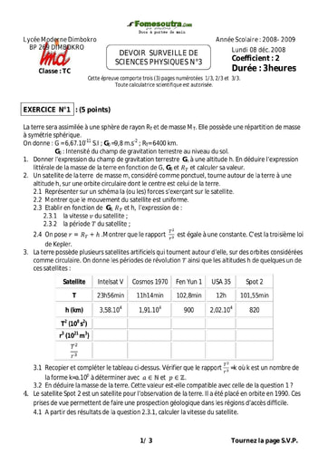 Devoir (3) de Physique niveau Terminale C