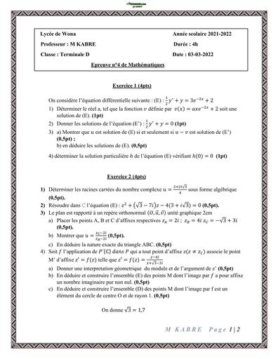 DEVOIR DE maths 4 NIVEAU Tle D LYCEE DE WONA 2022 BY TEHUA