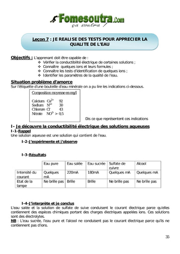 Tests pour apprécier la qualité de l'eau - Chimie 4eme