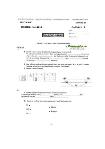 Sujet de Physique Chimie BEPC blanc 2013 Lycée Sainte Marie de Cocody