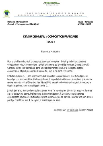 Devoir de FRANCAIS Niveau 5ième