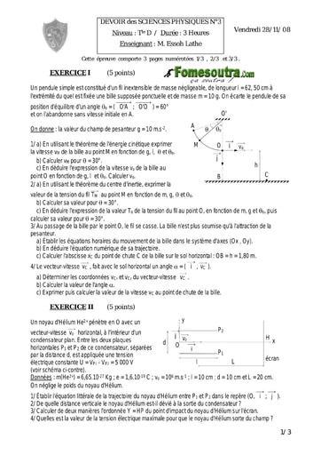 Devoir (5) Physique-Chimie niveau Terminale D - EMPT Bingerville