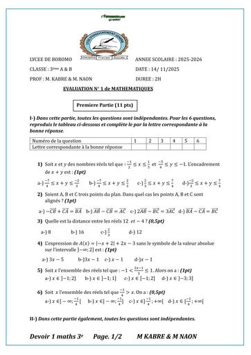 DEVOIR DE maths NIVEAU 3ième LYCEE DE BOROMO 2025 BY TEHUA