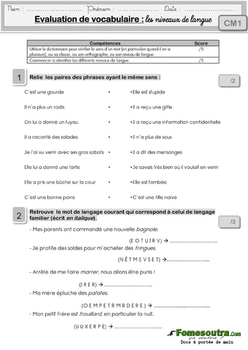 Évaluation de vocabulaire (4): les niveaux de langue - niveau CM1