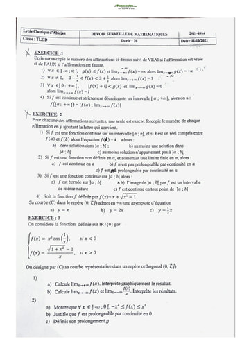 Sujets Maths série D Lycée Classique d'Abidjan 2022