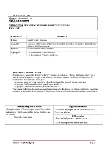 FCICHE DE COURS PC Tle CD L2 CENTRE D'INERTIE by TEHUA