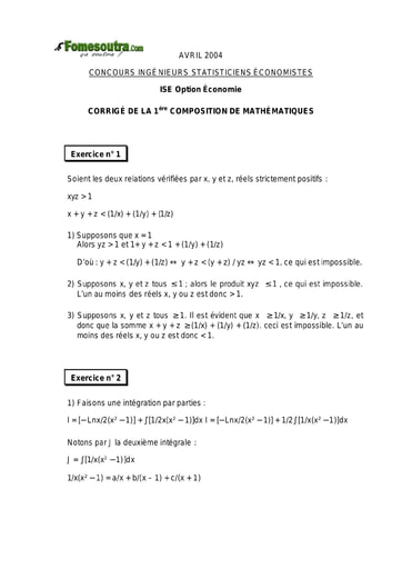 Corrigé 1ère épreuve de maths ISE option économie 2004 (ENSEA)