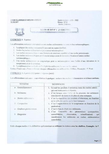 Devoir surveillé de SVT niveau Seconde C Lycée Classique Abidjan 2021-2022