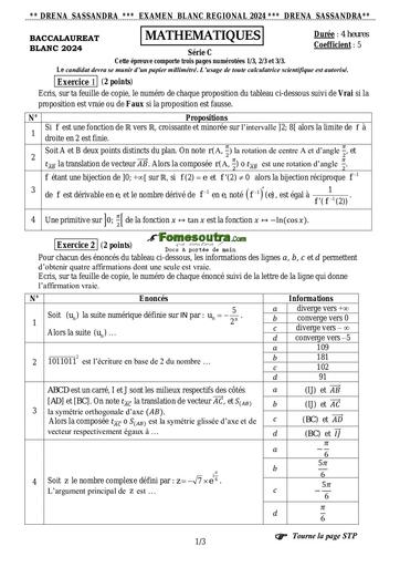 SUJET MATHS BAC BLANC SASSANDRA SERIE C 2024