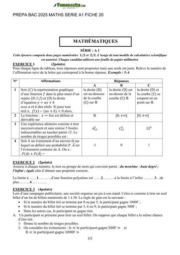 PREPA BAC 2025 MATHS SERIE A1 SUJET 20 BY TEHUA