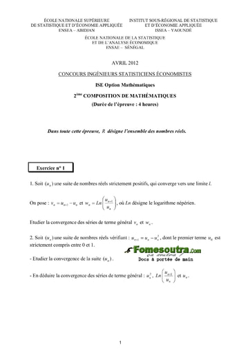 Sujet 2ème épreuve de maths ISE option maths 2012 (ENSEA - ISSEA - ENSAE)