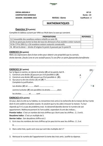 COMPOSITION DE FIN DE TRIMESTRE DE MATHS NIVEAU 6ième DECEMBRE 2023 UP13 by TEHUA