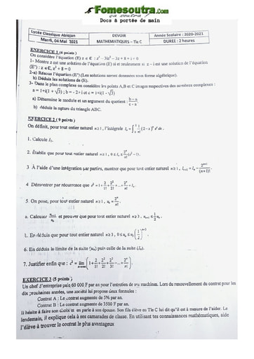 Sujet de Mathématique Terminale C Lycée Classique Abidjan 2020