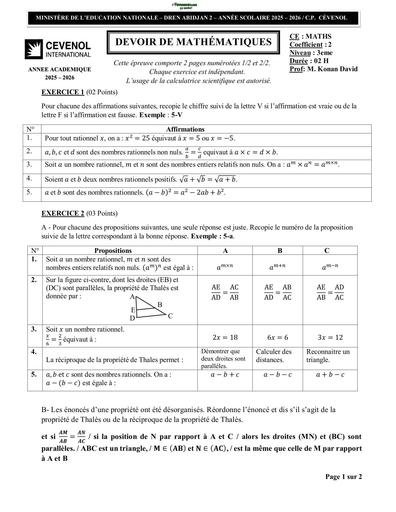SUJET 3ième Devoir de MATHS  3e Cevenol 25 26 by TEHUA