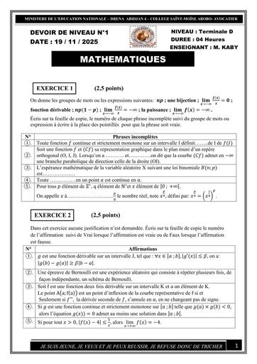 Devoir de Niveau N°1 Maths Tle D 2025 2026 (leçon 1 2 3) by Tehua
