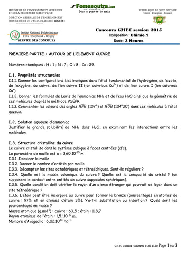 Sujet de Chimie 1 concours GMEC 2015