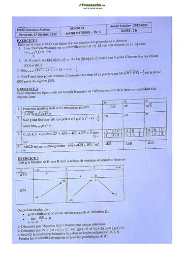 Sujets de Mathématique série C Lycée Classique d'Abidjan 2022-2023