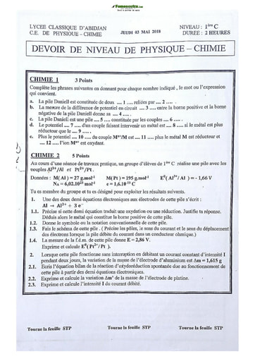 Sujet Première C Physique-Chimie Lycée Classique Abidjan 2021-2022