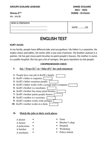 Devoir Anglais 6e et 5e