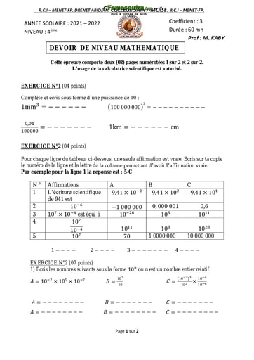 Devoir de Mathématiques niveau 4eme - Collège Saint Moïse - Année scolaire 2021-2022