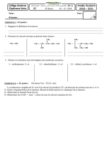 Devoir Physique-Chimie (Alcools) Terminale C