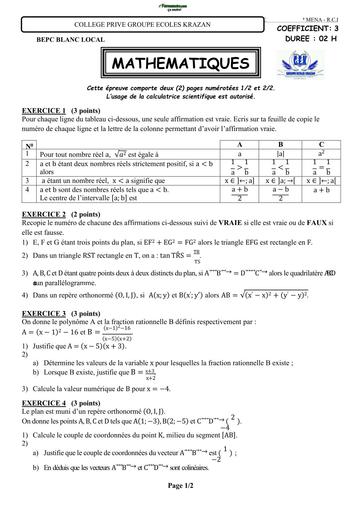 SUJET de MATHS BEPC BLANC 2025 CPE KRAZAN by TEHUA