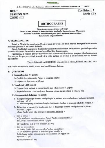 BEPC 2025 ORTHOGRAPHE ZONE 3 SUJET+CORRIGE Côte d'Ivoire BY TEHUA