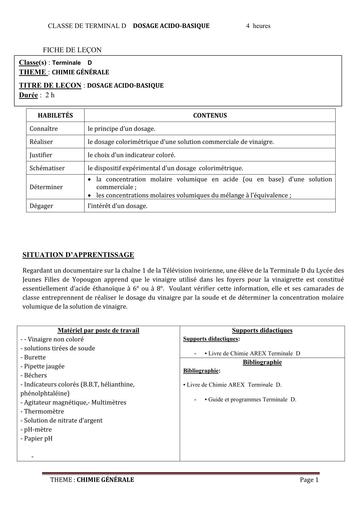FICHE DE COURS CHIMIE Tle D L6  DOSAGE ACIDO BASIQUE