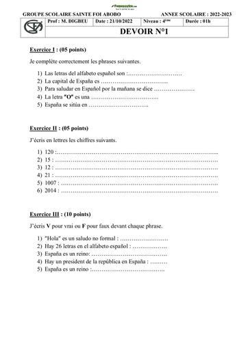 Devoir d'Espagnol Niveau 4 ième Collège Sainte Foi 2022-2023