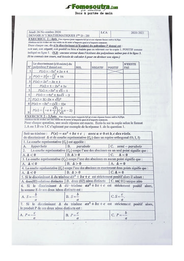 Devoir de Mathématiques Première D 2020-2021