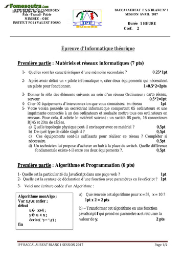 Sujet d'Informatique théorique niveau BAC blanc F3 et F4 2017 - Cameroun