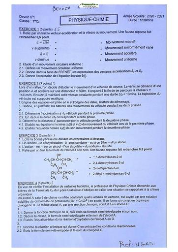 Sujet Physiques-Chimie Lycée Classique Abidjan 2022-2023