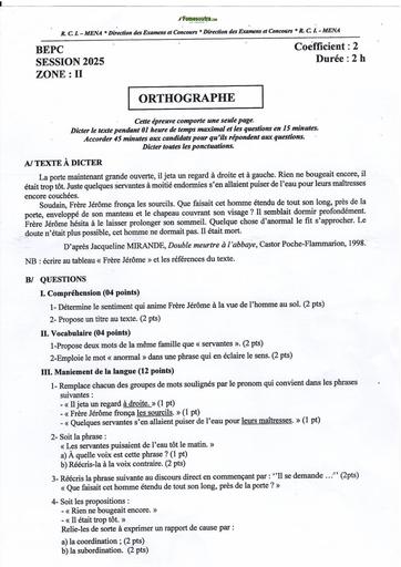 BEPC 2025 orthographe ZONE 2 SUJET+CORRIGE Côte d'Ivoire BY TEHUA