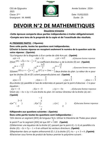 SUJET 3ième Devoir de Maths 3ème 2è Trim by TEHUA